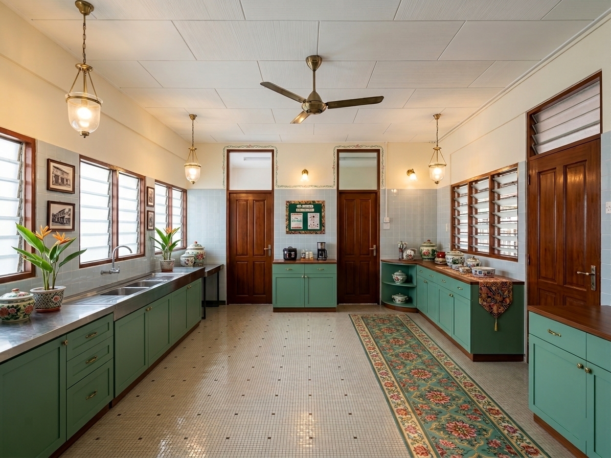 Shared kitchen with green cabinetry and long counters