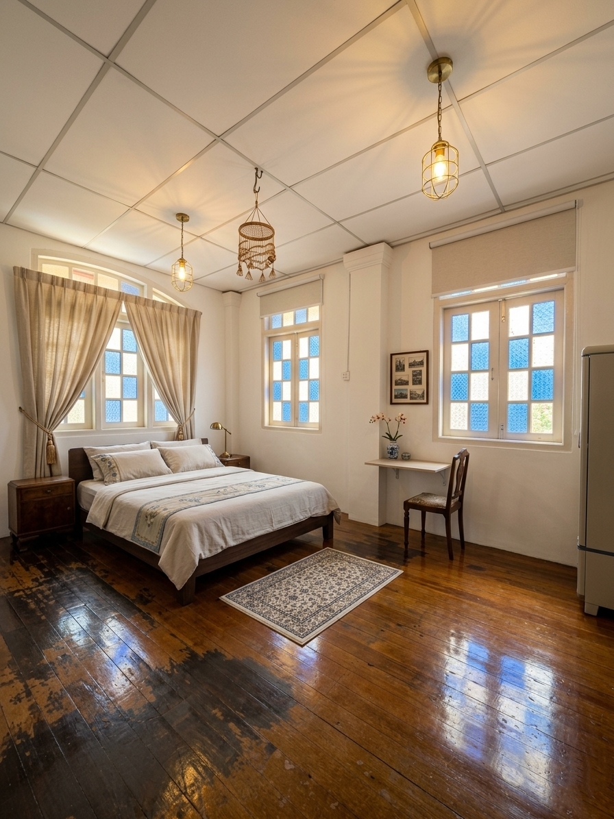 Bright bedroom with wooden floors and heritage windows